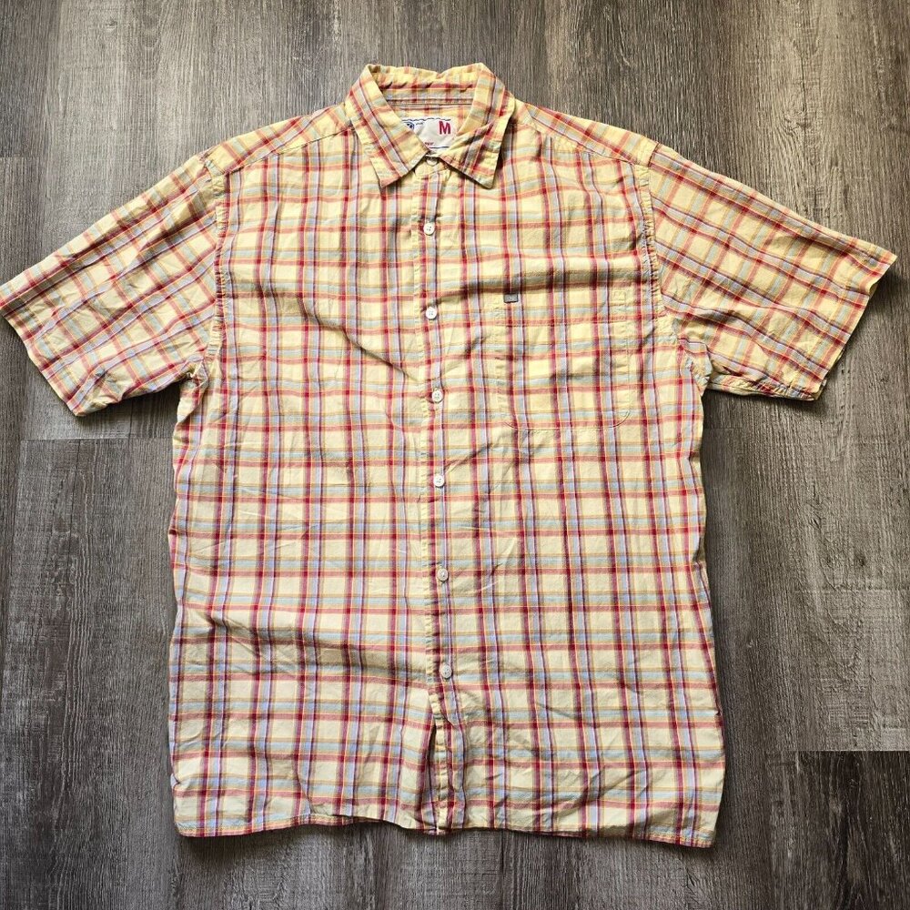 Nautica Button Up Shirt Men Size Medium Yellow Plaid Short Sleeve Summer Vintage